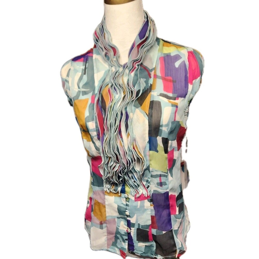 Lapis Ruffled Blouse Small Multicolor Sheer Cap Sleeve Festival